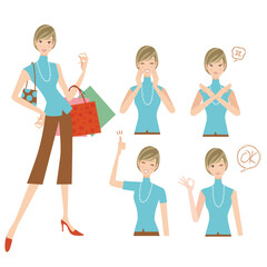 ノースリーブの洋服を着た買い物をする女性と上半身で色々なポーズ