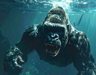 A giant gorilla, King Kong, swims menacingly underwater with its mouth open, revealing sharp teeth, in a dark blue ocean.