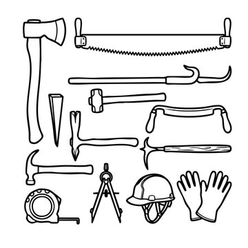 Forestry and Woodworking Hand Tools Line Illustration