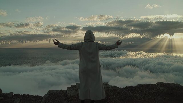 Woman standing on a mountain peak over clouds under changing skies from evening to sunrise, capturing natures beauty