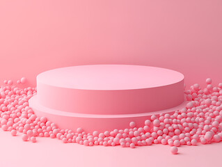 Abstract luxury 3D scene featuring a round pink podium in soft pink tones, surrounded by pink spheres, ideal for cosmetic, skincare, beauty, wellness, or luxury product presentations