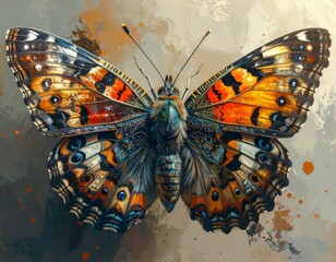 Vibrant and detailed artistic depiction of a butterfly with spread wings, showcasing intricate patterns and rich colors in a painterly style.