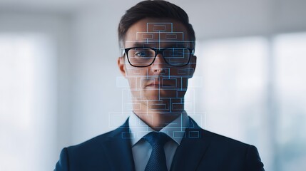 A professional man in a suit with glasses, overlaid with a digital network visualization, indicating technology or data analytics themes.