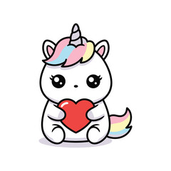 Cute cartoon unicorn holding a red heart in its hands