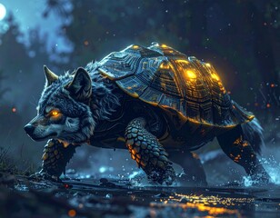 A mythical wolf-headed turtle creature with glowing eyes and shell walks through a dark, wet forest at night.
