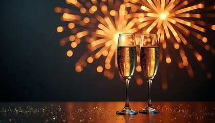 Celebratory Champagne Flutes with Fireworks Display