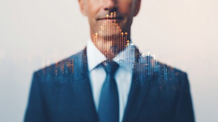A professional man stands with a blurred cityscape behind him, overlaid with a financial graph symbolizing growth and industry trends.