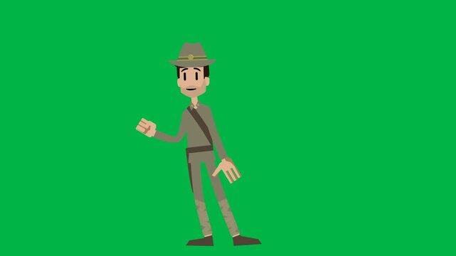 Explorer man in safari hat pointing forward on green screen chromakey background. Ideal for 2d animated cartoon animation adventure, discovery, or guiding character poses in travel and exploration