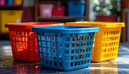 Close-up of three colorful plastic storage baskets