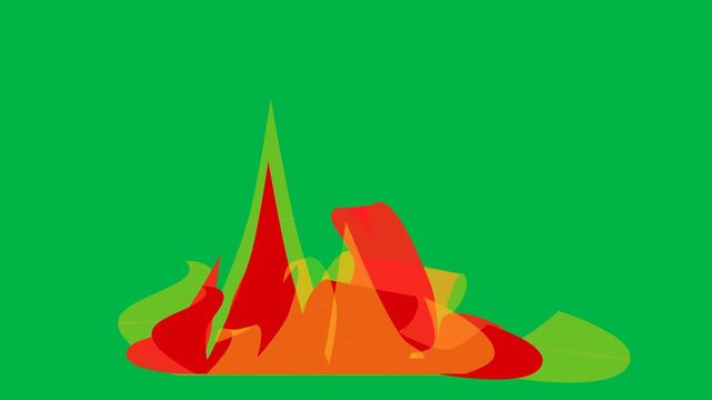 Bright campfire with orange flames and logs burning on green screen chromakey background. Great for 2d animated cartoon animation camping, outdoor, or cozy night scenes in adventure and survival