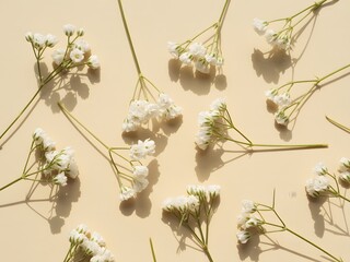 Delicate white baby's breath flowers scattered on a light beige background with shadows