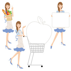 主婦が買い物やホワイトボードを持っている