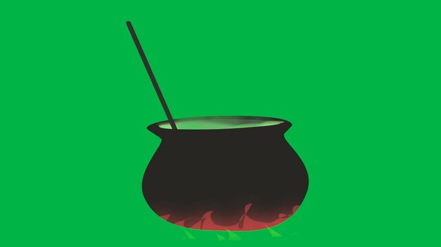 Black witch cauldron bubbling with green potion on green screen chromakey background. Suitable for 2d animated cartoon animation magic, Halloween, or spooky brewing scenes in fantasy stories.