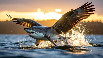 A surreal great white shark with eagle wings emerging from the ocean at sunset, creating a splash.