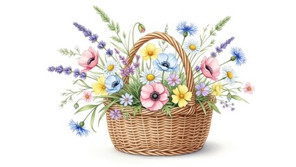 Colorful floral arrangement in woven basket with poppies, daisies, cornflowers, and lavender on white background