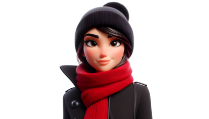 3d cartoon character of young woman wearing fashionable winter dress and a red scarf