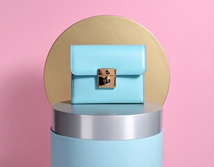 Light blue clutch with gold clasp on a pedestal, pink and gold backdrop