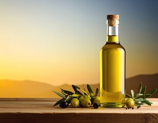 Olive oil bottle and olives on a rustic wood table against a sunset
