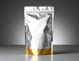 Shiny silver pouch with gold base, standing upright on reflective surface