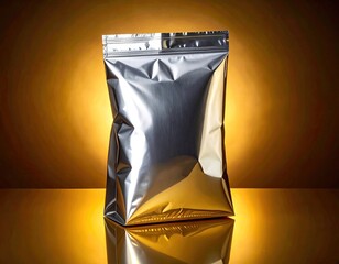 Shiny silver pouch, reflective, on a gradient gold background