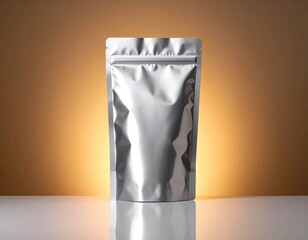 Silver foil pouch stands against a warm, gold-toned background