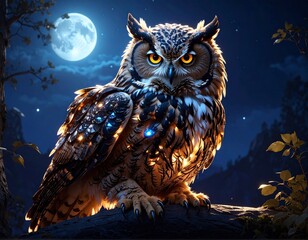 A majestic owl with glowing feathers perches on a branch under a luminous full moon in a dark, enchanting forest.