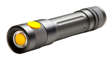 Close up of a matte black tactical flashlight with yellow accents on a white background