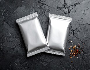 Two silver packets with a spice sprinkle on a dark, textured surface