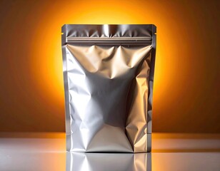 Shiny metallic pouch stands on white surface, orange gradient behind