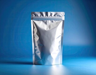 Shiny, metallic pouch stands against a gradient blue backdrop (1)
