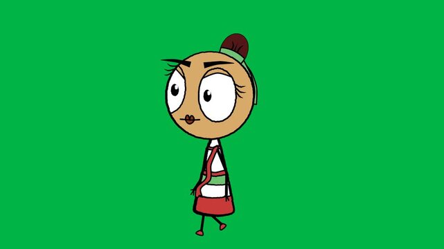Cute little girl in red dress standing shyly on green screen chromakey background. Great for 2d animated cartoon animation childhood, innocence, or family story characters in kids entertainment.
