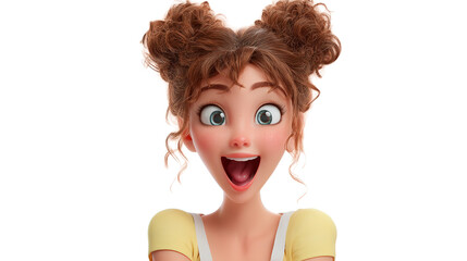 An animated woman with wide eyes and a surprised expression full of joy on her face with a on transparent background