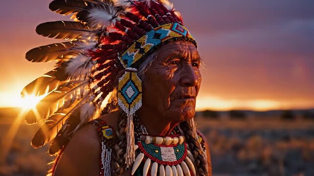 Majestic Portrait of a Native American Elder in Traditional Feather Headdress at Sunset