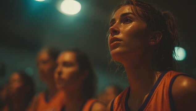 Young female athlete with long hair, wearing an orange jersey, intensely focused during a basketball game in a dimly lit gymnasium, showcasing determination and teamwork - Powered by Adobe