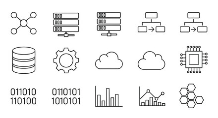 A comprehensive set of line icons representing various concepts in data, technology, and computing infrastructure.