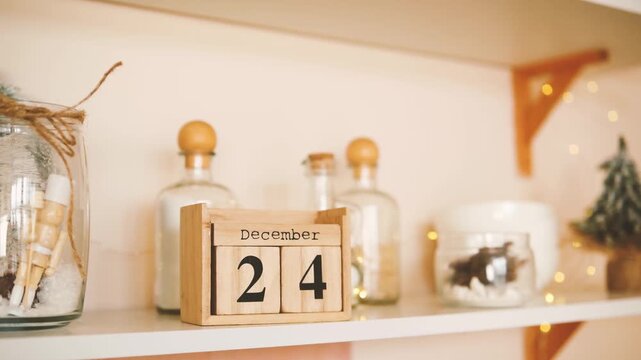 Wooden calendar shows December 24th on a shelf with festive decorations and glass jars.