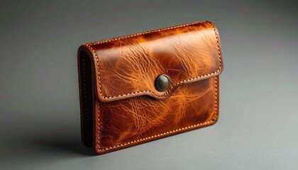 Brown leather wallet with button closure on gray gradient backdrop