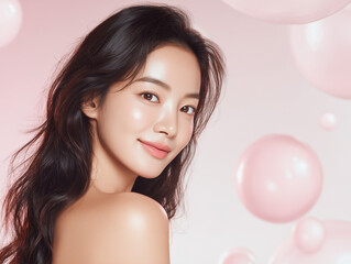 Radiant Korean Beauty in Minimal Skincare Aesthetic. soft, rounded water droplets clustered together in an elegant and harmonious pattern.