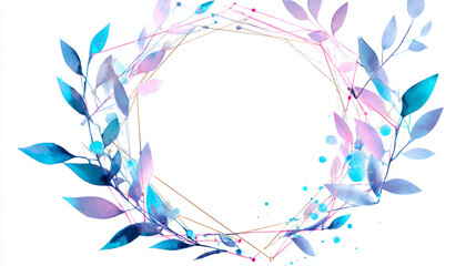 Modern watercolor wreath with abstract geometric lines, clean blank middle