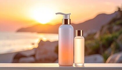 Two skincare bottles glow in warm sunset by ocean