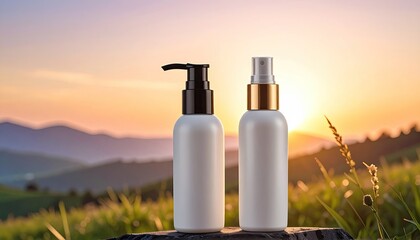 Two white cosmetic bottles on a wooden stump, sunset background