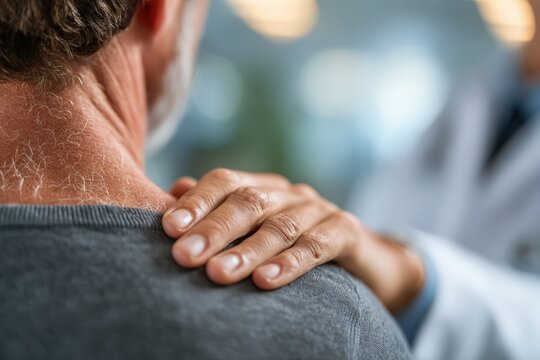 Close-up of an elderly man with gray hair receiving a comforting touch on his shoulder from a healthcare professional in a clinical setting, conveying care and support