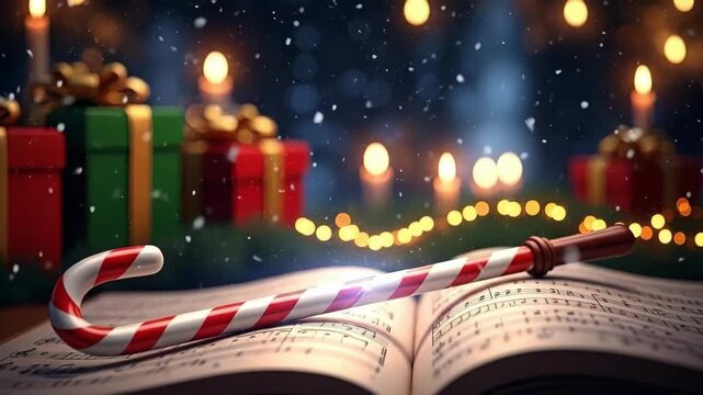 Candy cane on open music book with gifts and string lights. Christmas carol sheet music for holiday celebration. Winter festive scene.