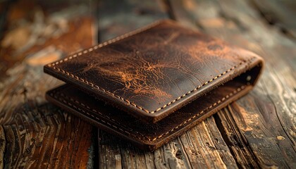 A textured brown leather bifold wallet on a rustic, weathered wood surface
