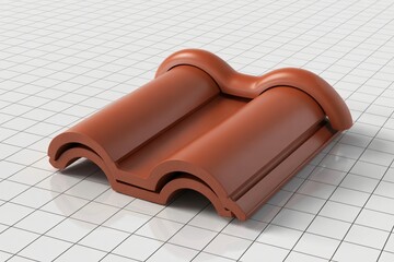 Two interlocking red roof tiles are displayed on a grid surface, showcasing their curved design. 