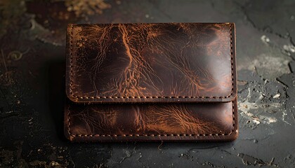 Close-up of a weathered, brown leather wallet with textured surface