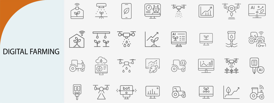 digital farming line icons set, smart agriculture and agritech automation symbols