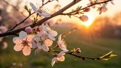 Beautiful spring blossoms on a branch against a warm sunset sky with sun flare
