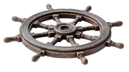 A wooden ship's steering wheel with eight spokes has a matte brown finish, showcasing detailed craftsmanship on a white background for nautical themes