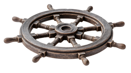 A wooden ship's steering wheel with eight spokes has a matte brown finish, showcasing detailed craftsmanship on a white background for nautical themes